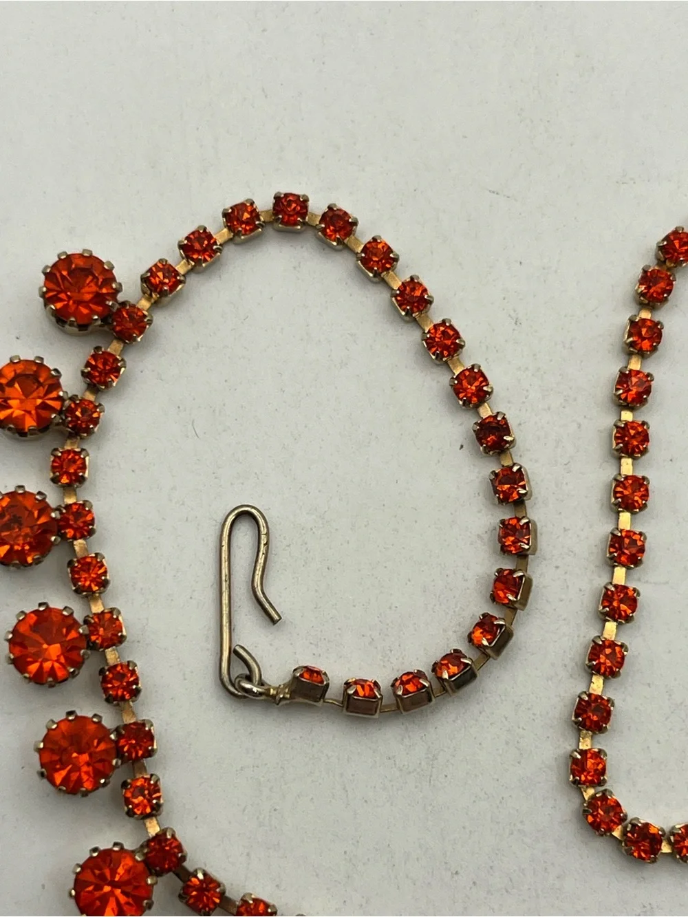 Orange rhinestone tennis necklace gold tone vintage sparkly